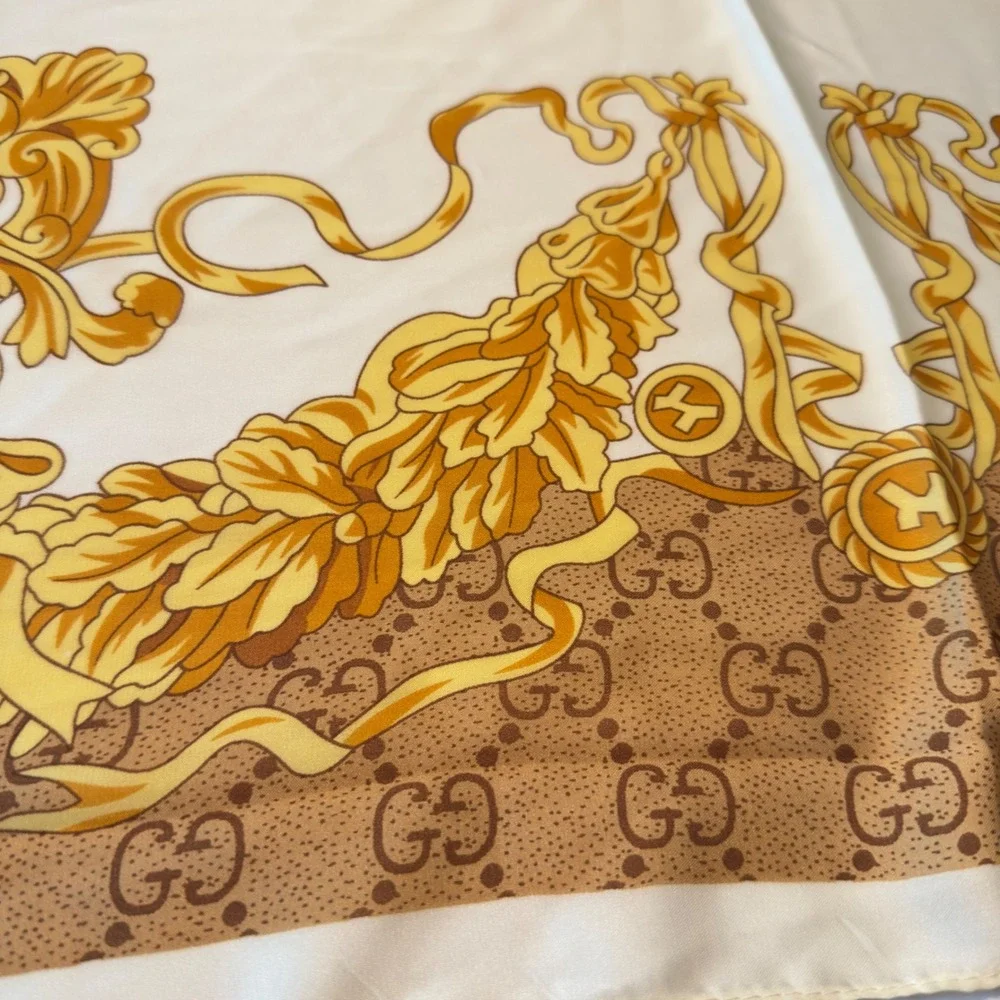 Scarf Cream Gold Baroque Silk Head Scarf Vintage OS Luxury Wrap 70x35 Chic